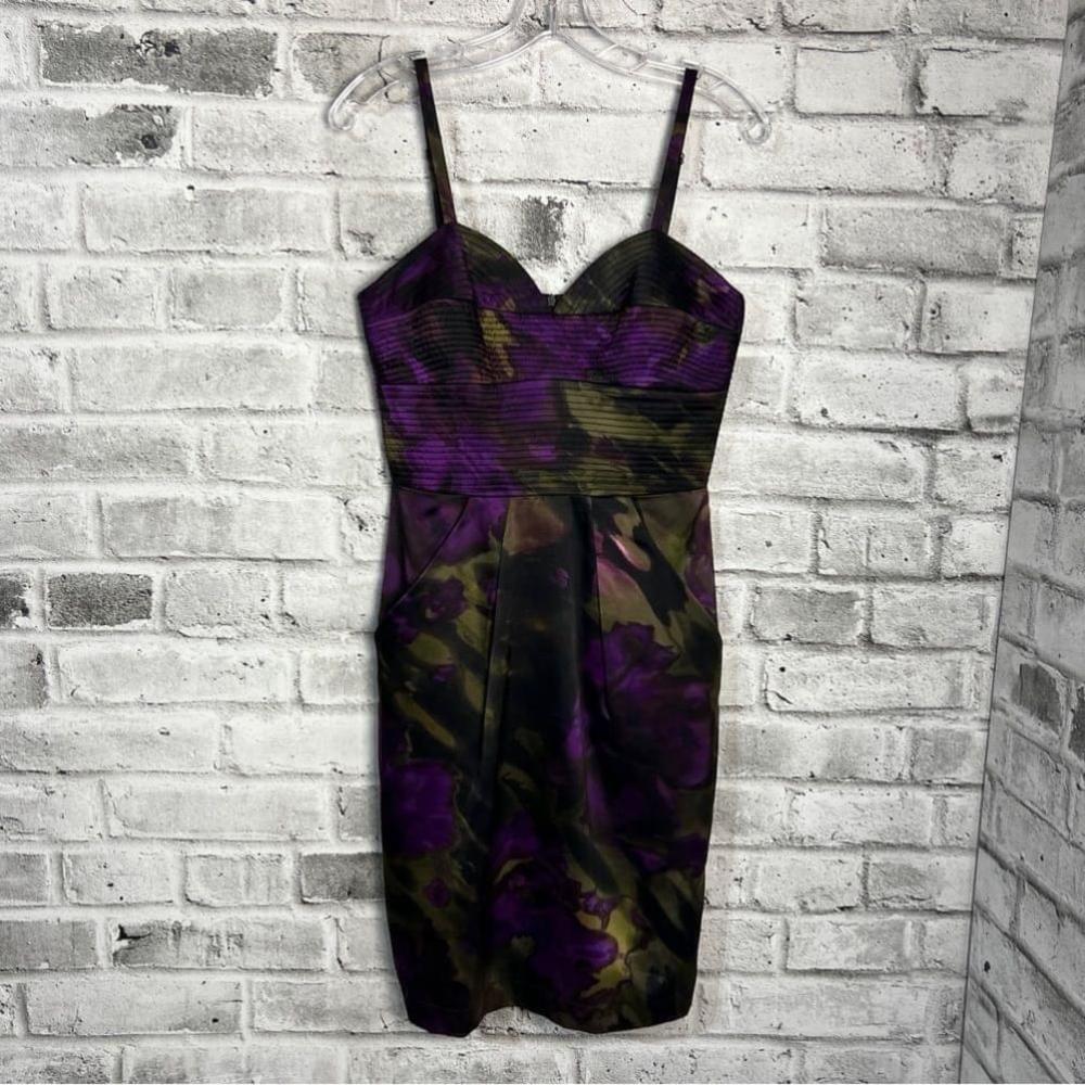 Vintage 90s Black Purple Floral 100% Silk Corset Cocktail Bodycon Party Dress - Picture 6 of 12